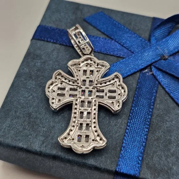 Silver 925 Rhodium Plated Fleur De Lis Cross Baguette Cut Clear CZ Pendant - Picture 6 of 9